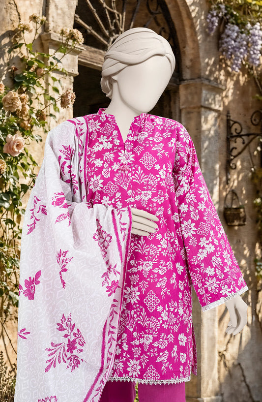 Mtj 3 PIECE PRINTED TEXTURED LAWN SUIT - Fuchsia (UNSTITCHED)