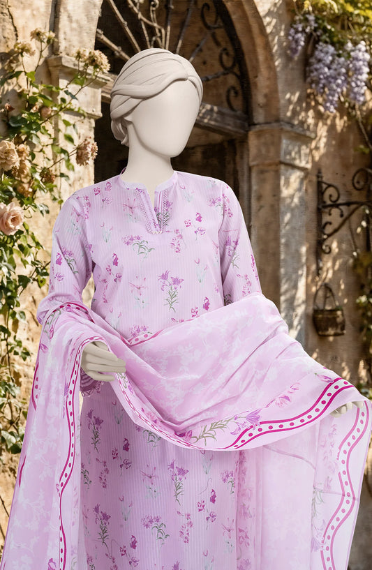 Mtj 3 PIECE PRINTED TEXTURED LAWN SUIT - Lavender (UNSTITCHED)