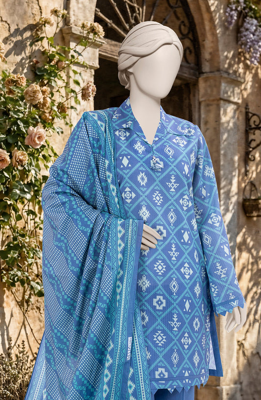 Mtj 3 PIECE PRINTED TEXTURED LAWN SUIT - Blue (UNSTITCHED)