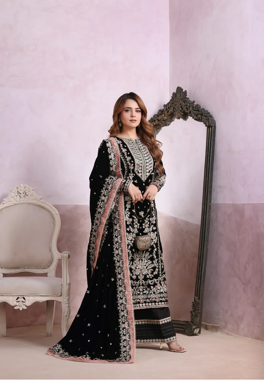 Aneelas Wedding Chiffon Embroidered - Black 3-Pc | Replica