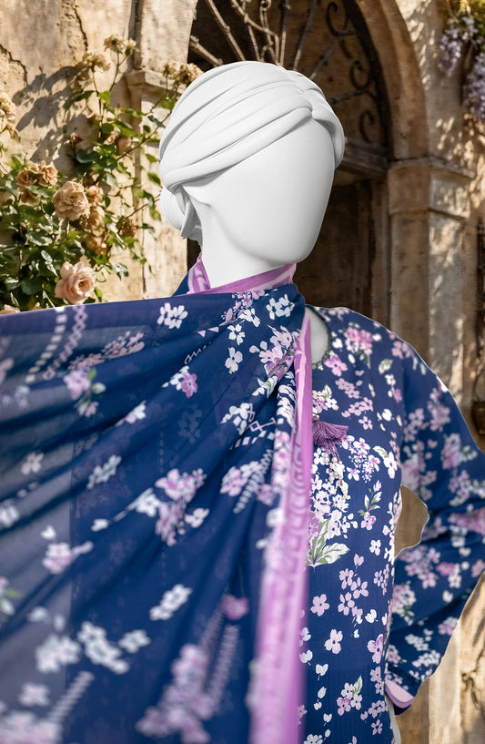 Mtj 3 PIECE PRINTED TEXTURED LAWN SUIT - Blue (UNSTITCHED)