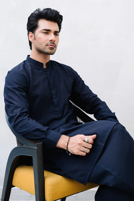 Navy Blue Zellbury Mens Wash and Wear unstitched suit worn by a model showcasing a sharp tailored fit for Summer 2026.