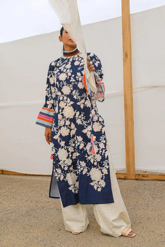 Mizaj 1pc Unstitched Khaddar Shirt | Dark Navy Blue