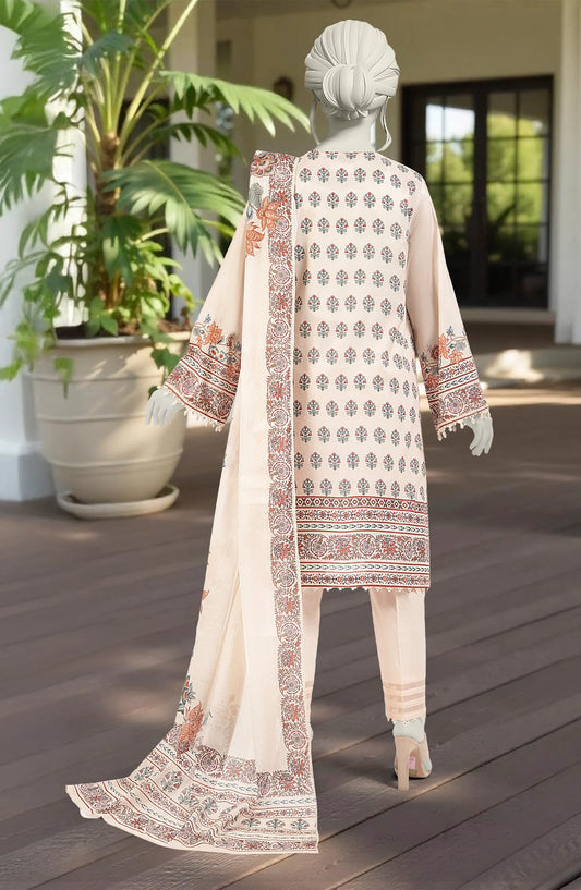 Mtj 3 PIECE PRINTED LAWN SUIT- Beige (UNSTITCHED)