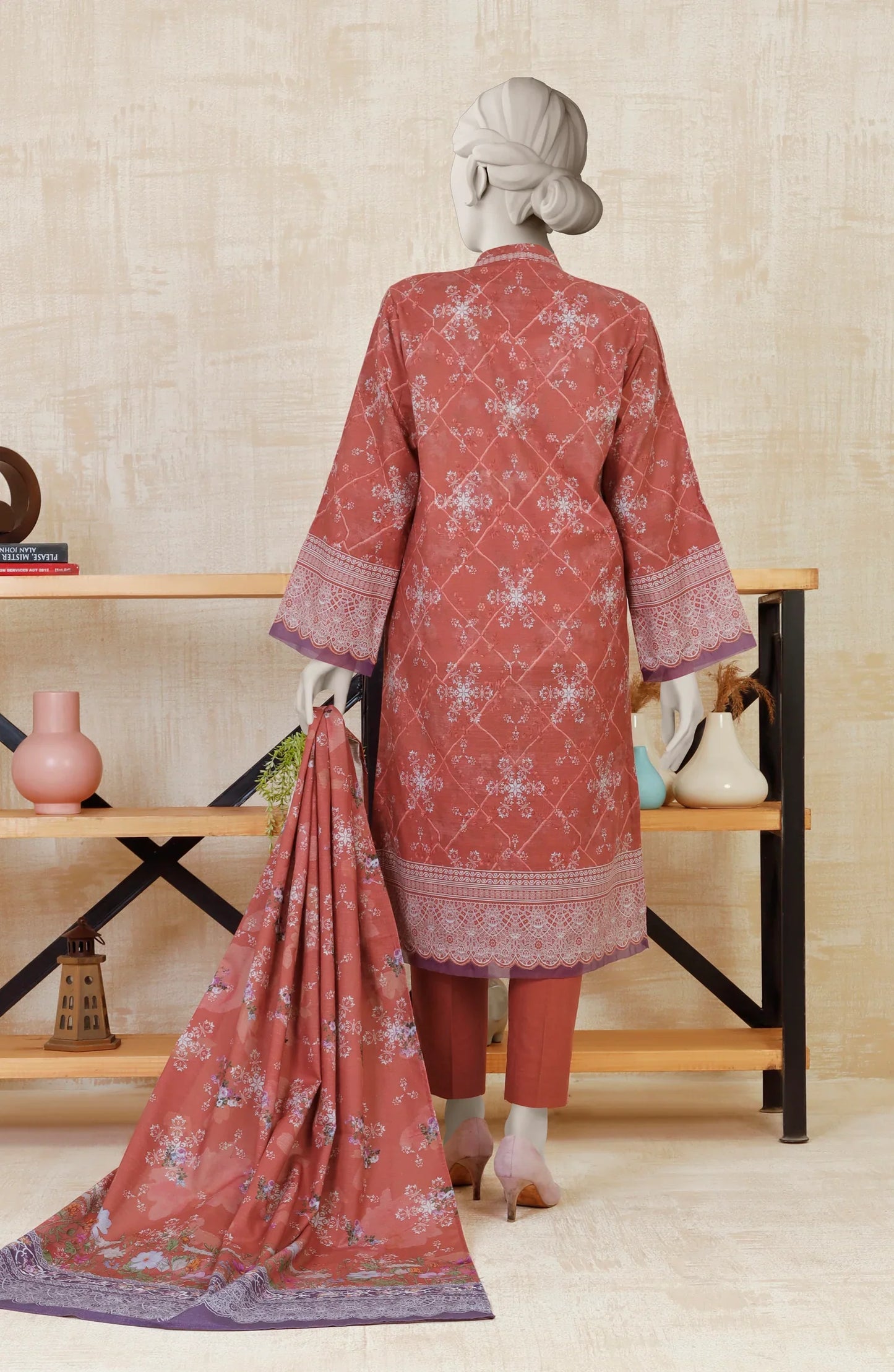 Rust | Mtj-Tariq Jamil 3pc Unstitched Khaddar Suit