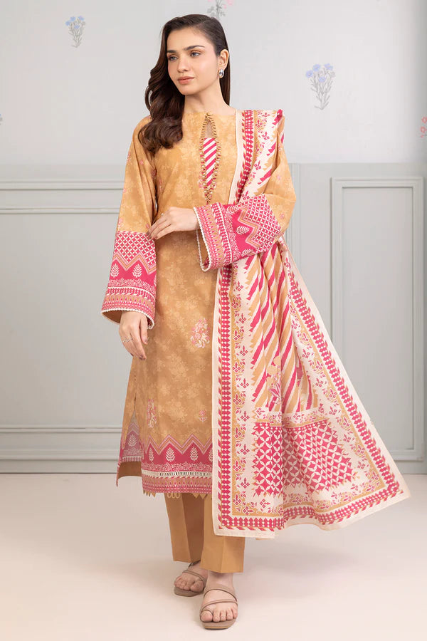 Light Brown | Zellbury 3pc Unstitched Embroidered Lawn Suit
