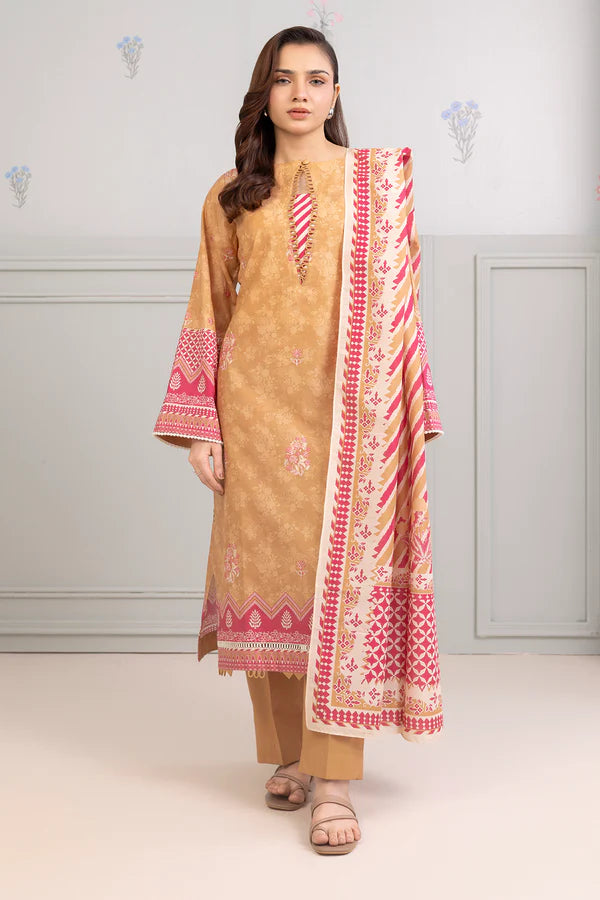 Light Brown | Zellbury 3pc Unstitched Embroidered Lawn Suit