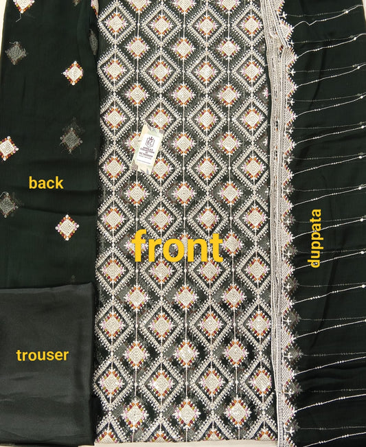 Bottle Green | Luxury Chiffon Embroidered