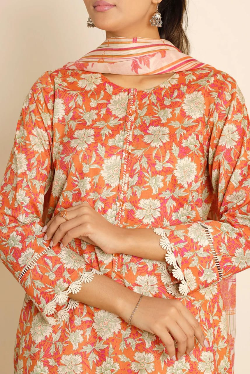 Orange | Saya 3pc Unstitched Lawn Suit