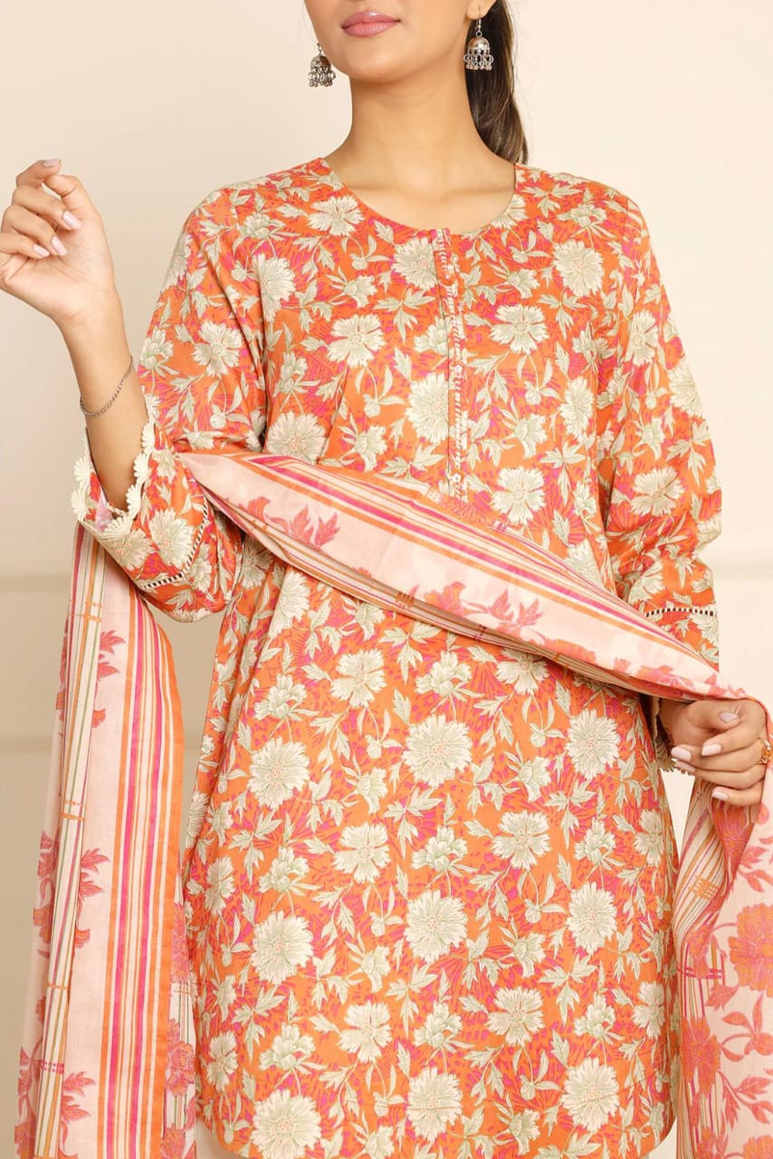 Orange | Saya 3pc Unstitched Lawn Suit