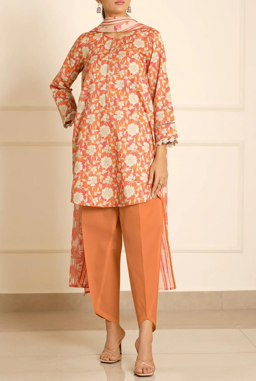 Orange | Saya 3pc Unstitched Lawn Suit