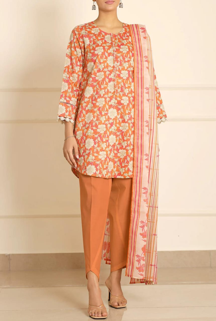 Orange | Saya 3pc Unstitched Lawn Suit