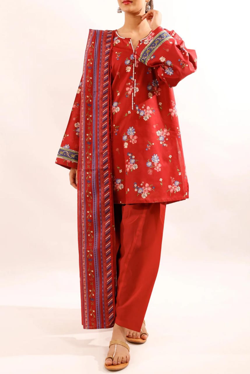 Red | Saya 3pc Unstitched Lawn Suit
