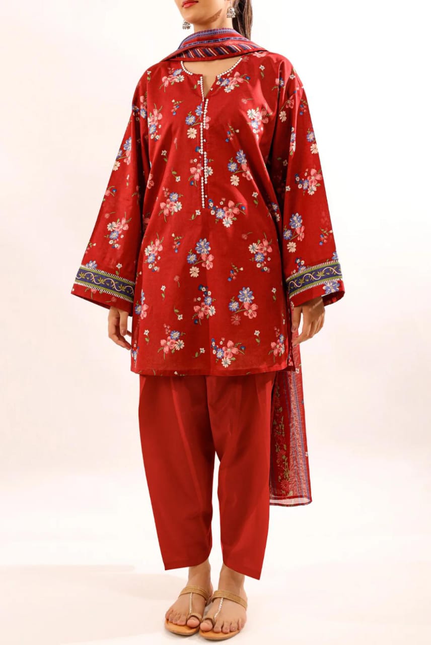 Red | Saya 3pc Unstitched Lawn Suit