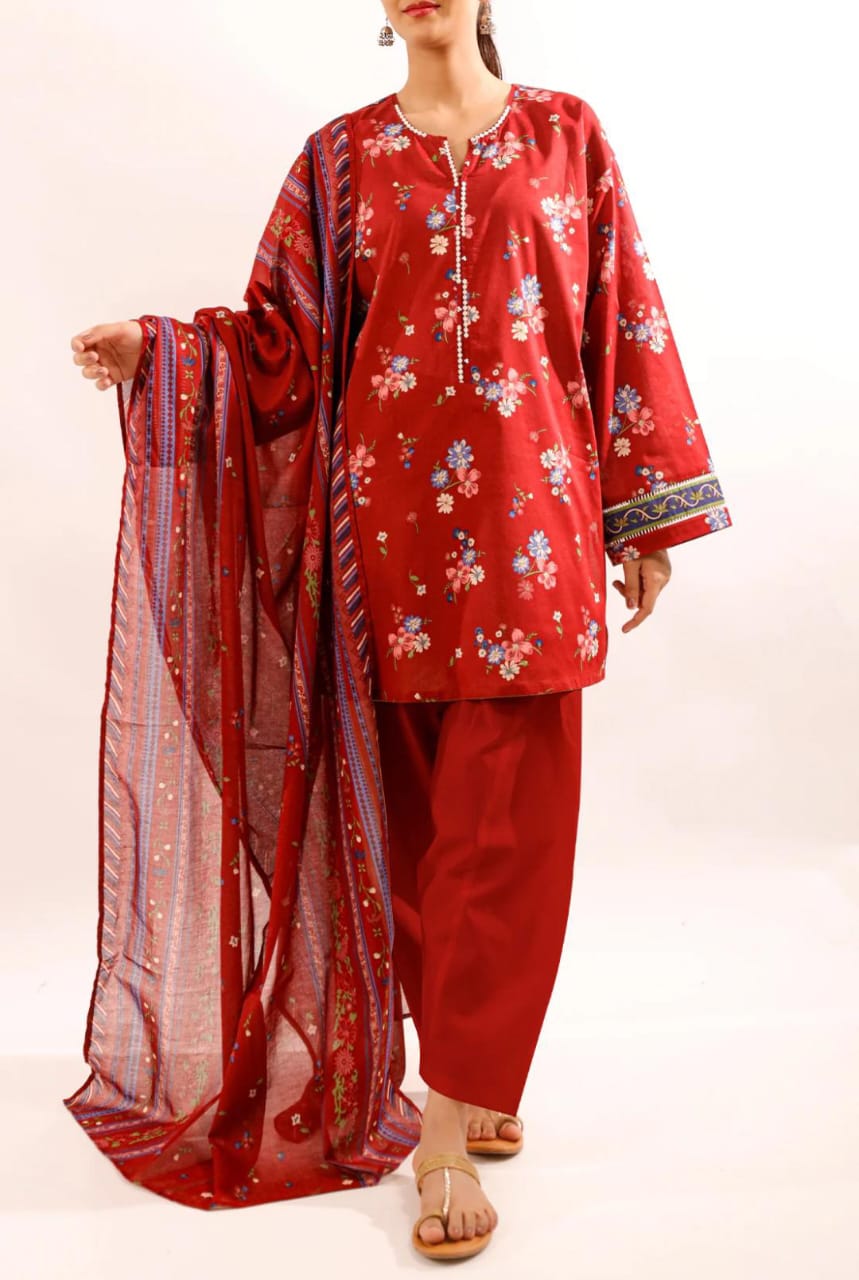 Red | Saya 3pc Unstitched Lawn Suit