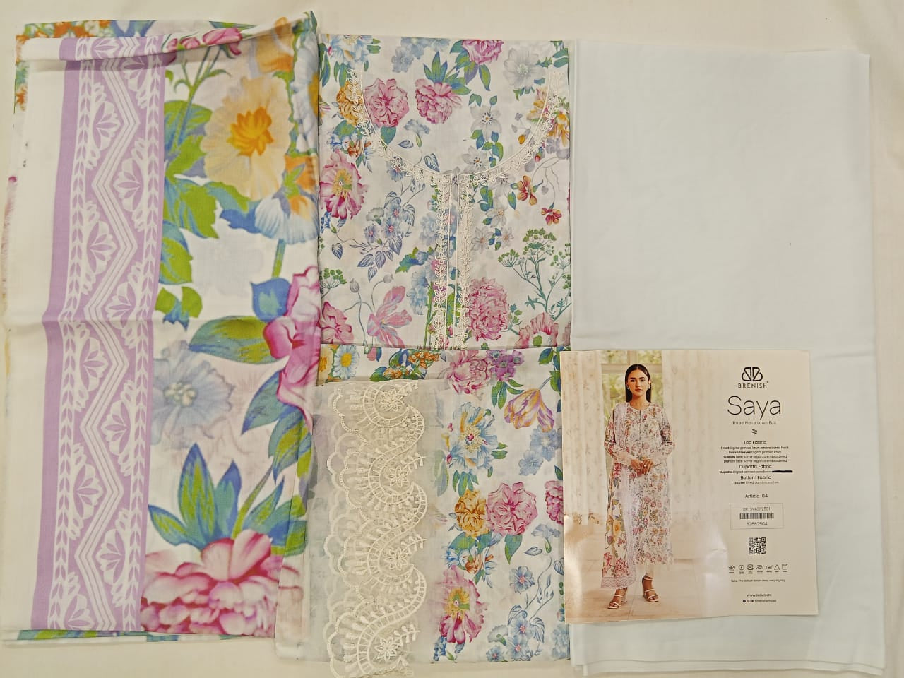 White | SAYA 3pc Unstitched Lawn Suit | Brenish