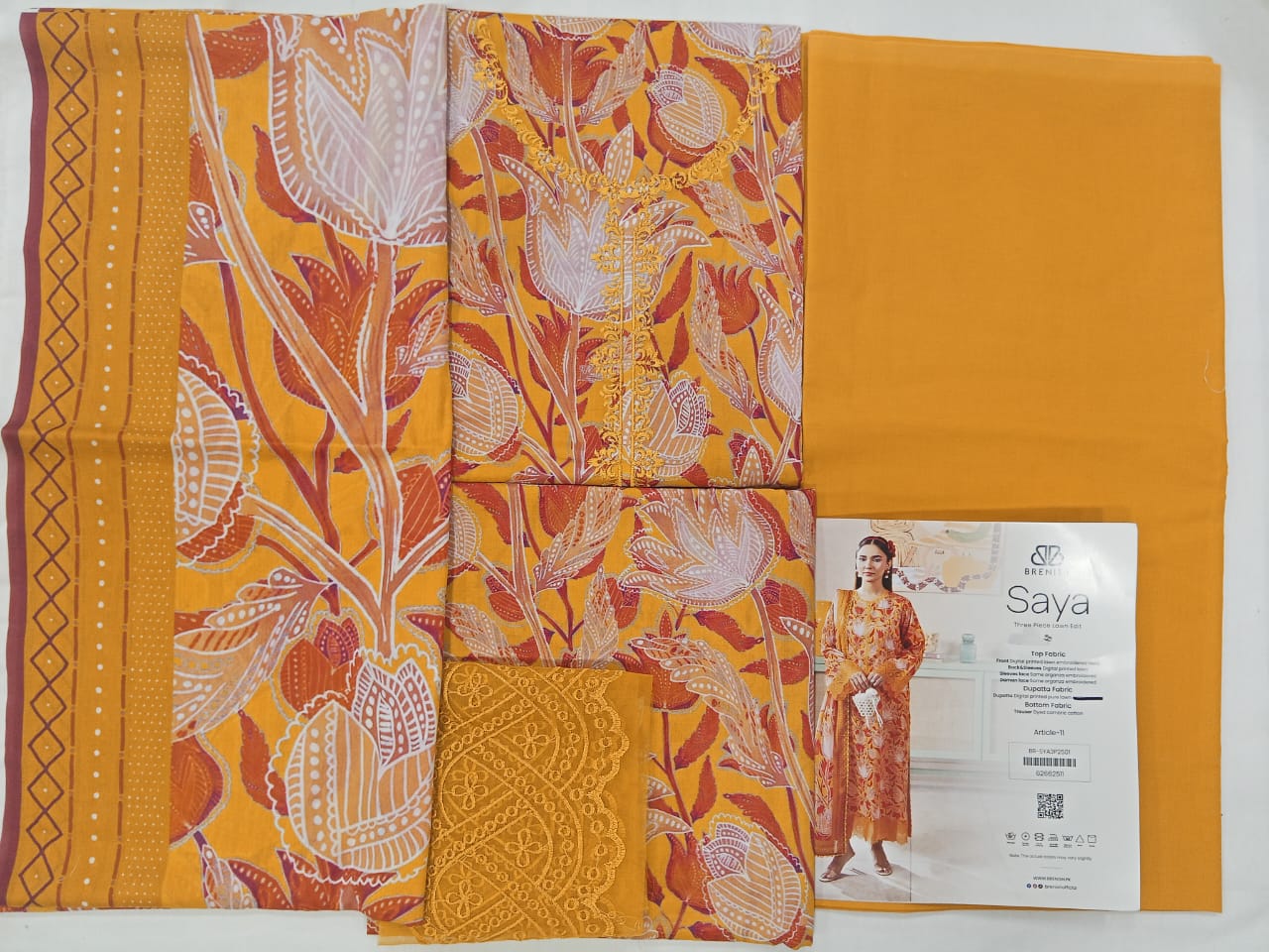 Yellow | SAYA 3pc Unstitched Lawn Suit | Brenish