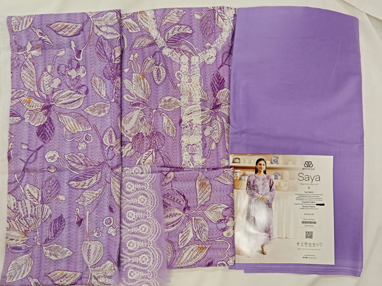 Light Purple | SAYA 3pc Unstitched Lawn Suit | Brenish