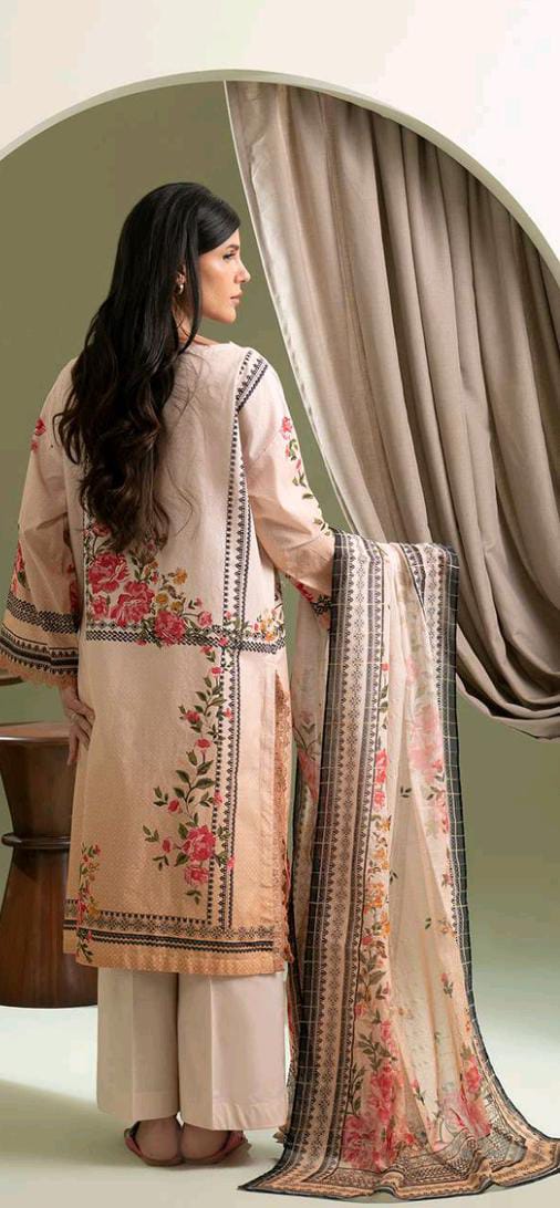 Beige Zellbury 3pc Unstitched Lawn Suit – Stylish Pakistani Lawn Outfit 2025