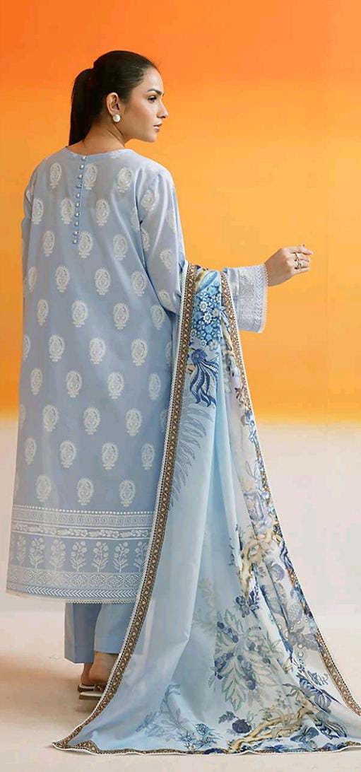 Sky Blue Zellbury 3pc Unstitched Lawn Suit – Stylish Pakistani Lawn Outfit 2025