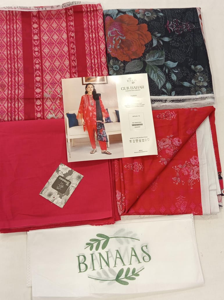 Gull Bahar by Binaas 3pc Unstitched Lawn Collection – Red