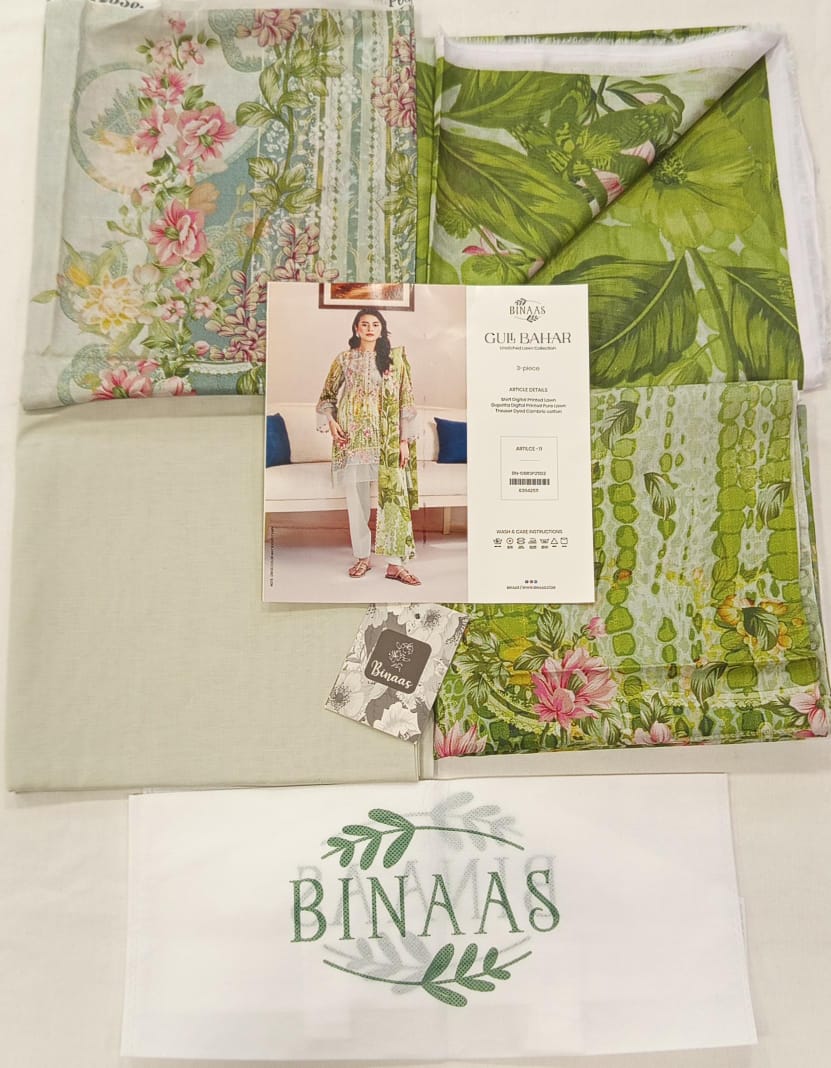 Gull Bahar by Binaas 3pc Unstitched Lawn Collection – Mint Green
