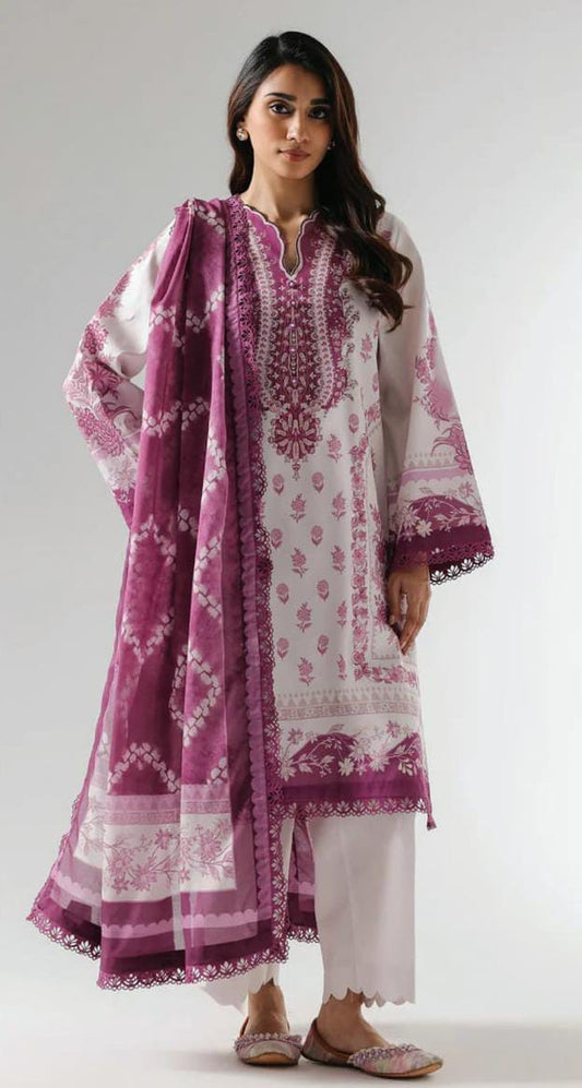 Purple |Ethnc 3pc Unstitched Doriya Lawn Suit