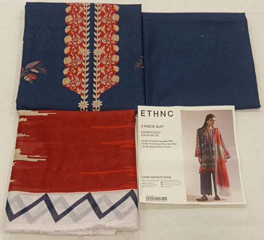 Dark Blue |Ethnc 3pc Unstitched Doriya Lawn Suit