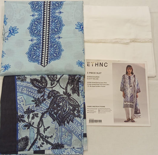 Light Blue |Ethnc 3pc Unstitched Doriya Lawn Suit