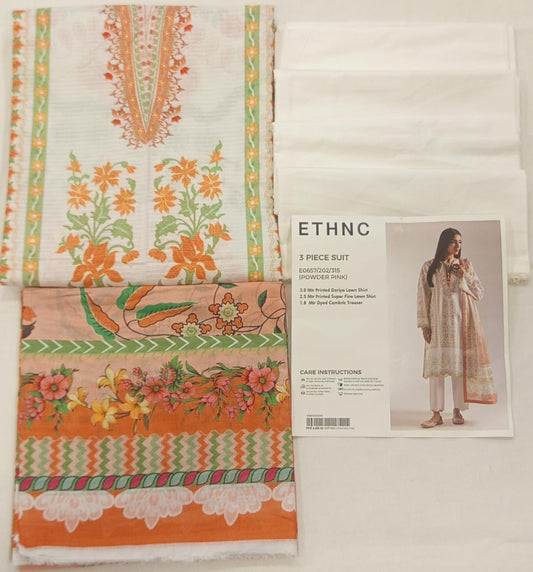 Powder Pink |Ethnc 3pc Unstitched Doriya Lawn Suit