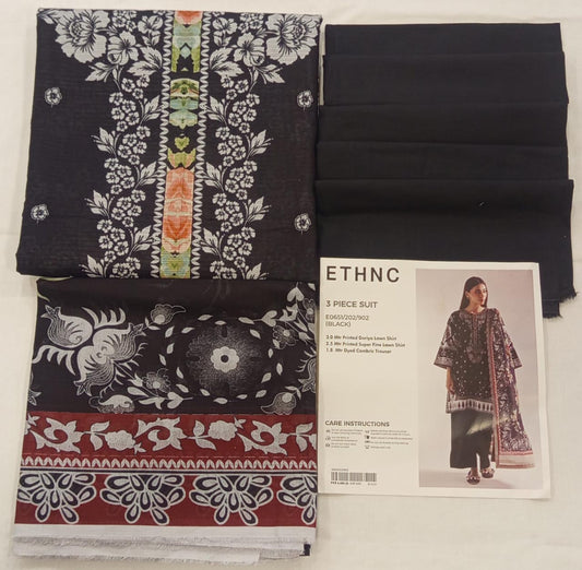 Black |Ethnc 3pc Unstitched Doriya Lawn Suit