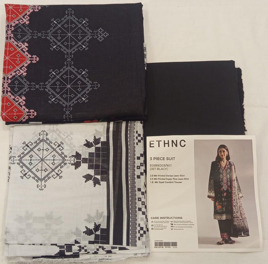 Jet Black |Ethnc 3pc Unstitched Doriya Lawn Suit