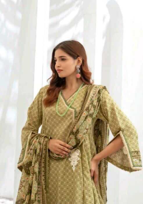 Malaika 3pc Unstitched Lawn Collection - Olive Green