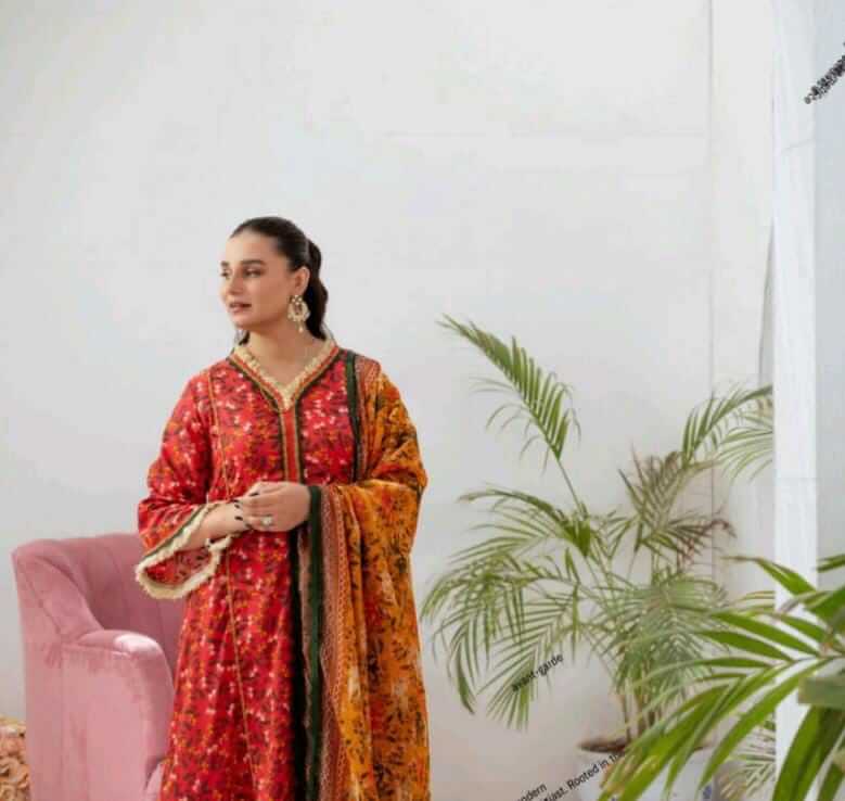 Malaika 3pc Unstitched Lawn Collection - Red