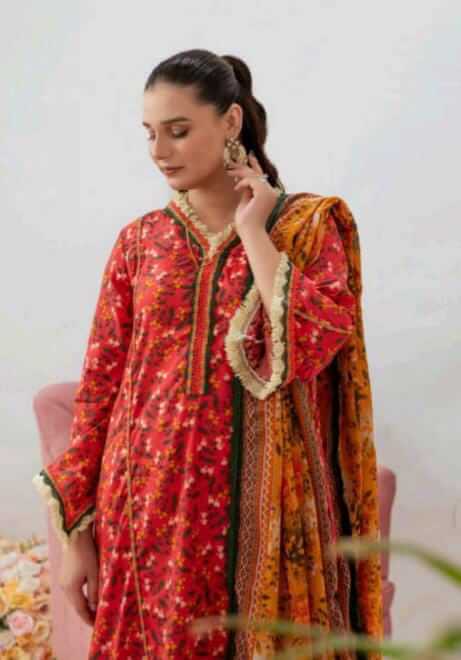Malaika 3pc Unstitched Lawn Collection - Red