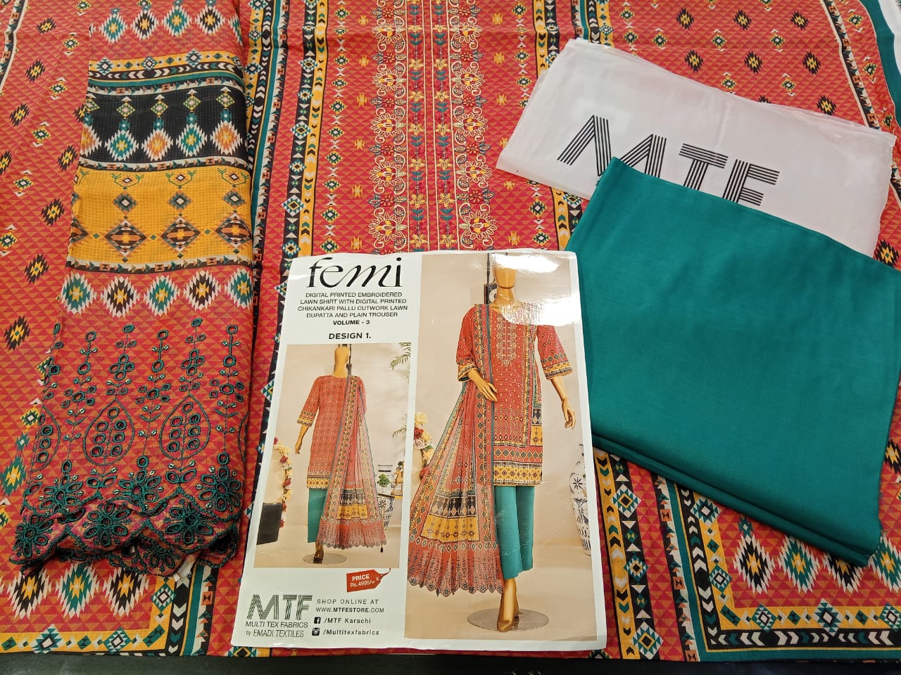 Mtf By Femi 3pc Unstitched Printed Embroidered Lawn - Pale Red