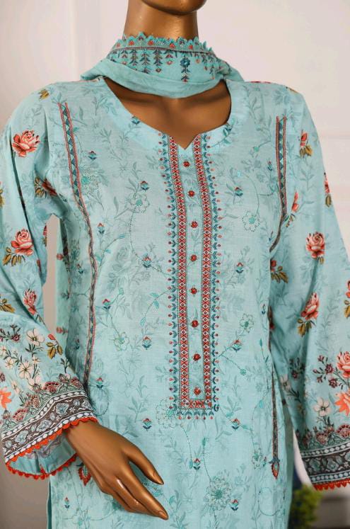 Mtf By Shahla 3pc Unstitched Slub Embroidered Cambric - Sky Blue