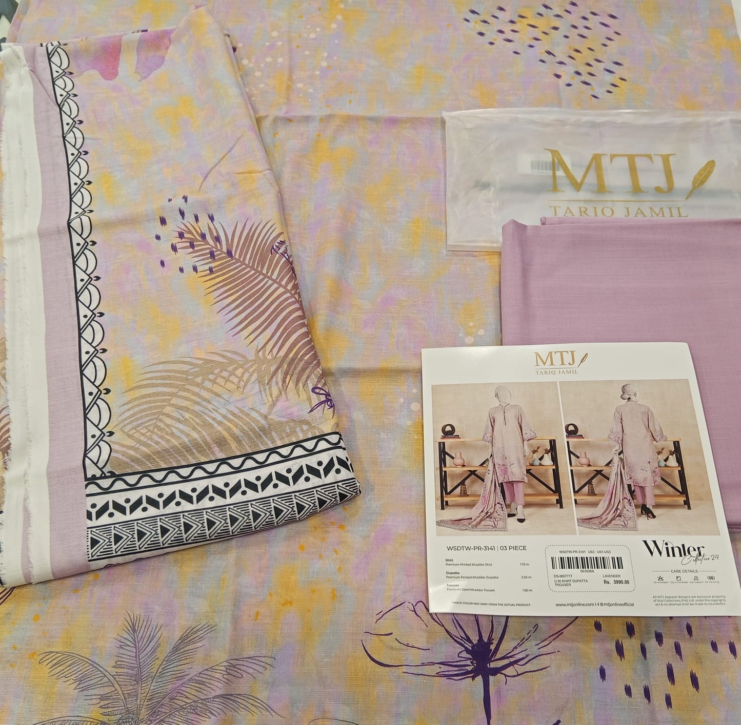 Powder Pink | Mtj-Tariq Jamil 3pc Unstitched Khaddar Suit