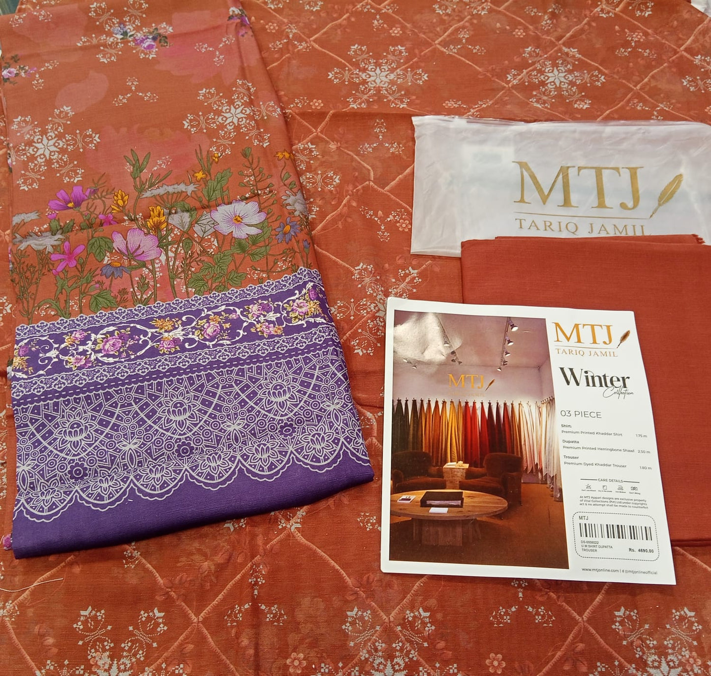 Rust | Mtj-Tariq Jamil 3pc Unstitched Khaddar Suit