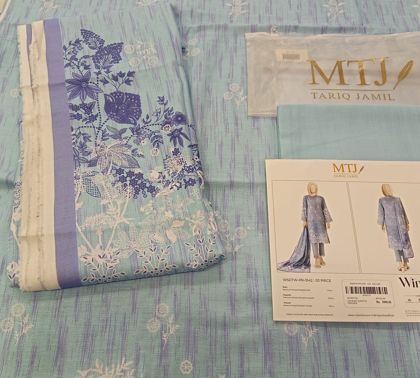 Sky Blue | Mtj-Tariq Jamil 3pc Unstitched Khaddar Suit