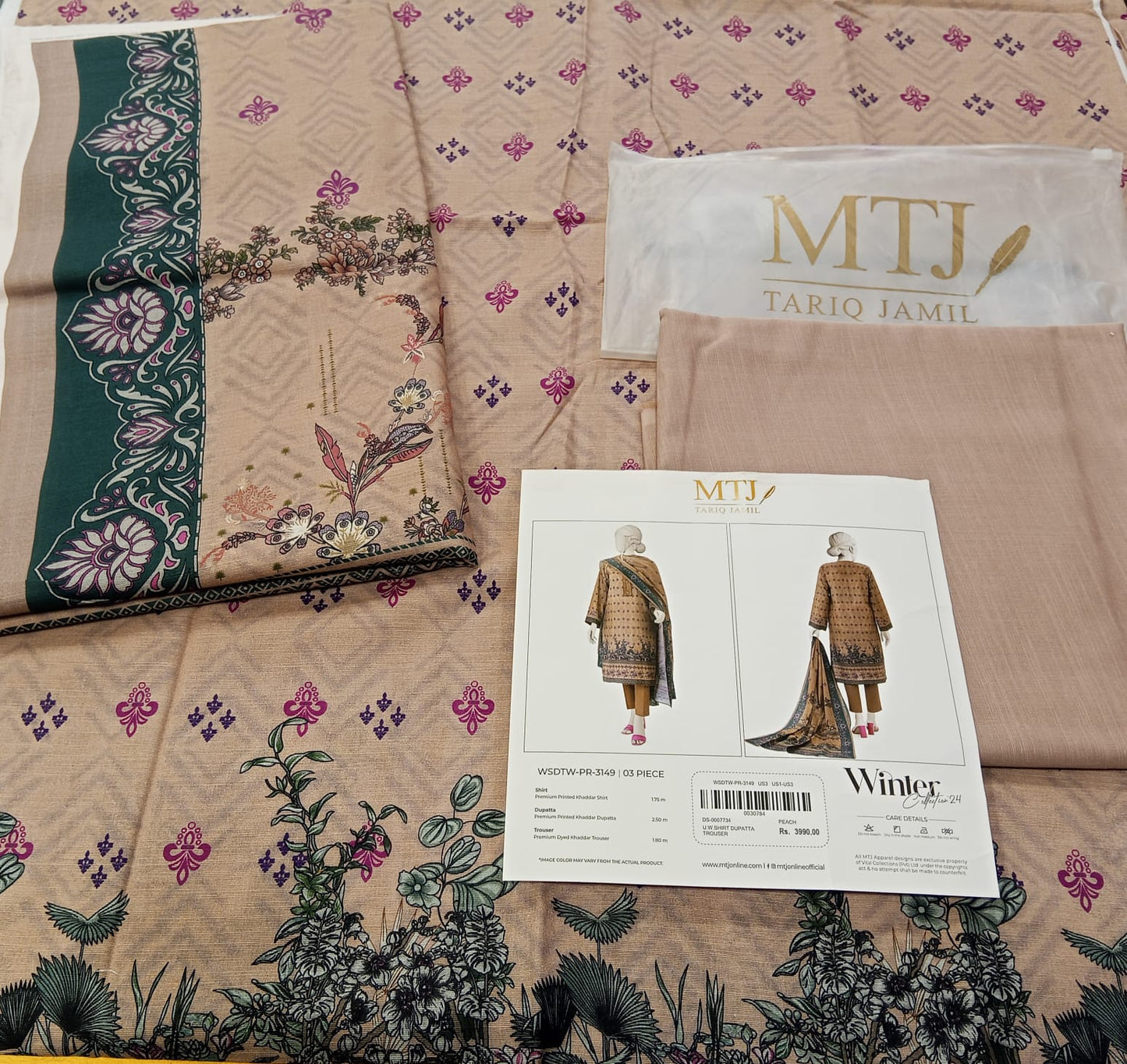 Peach | Mtj-Tariq Jamil 3pc Unstitched Khaddar Suit