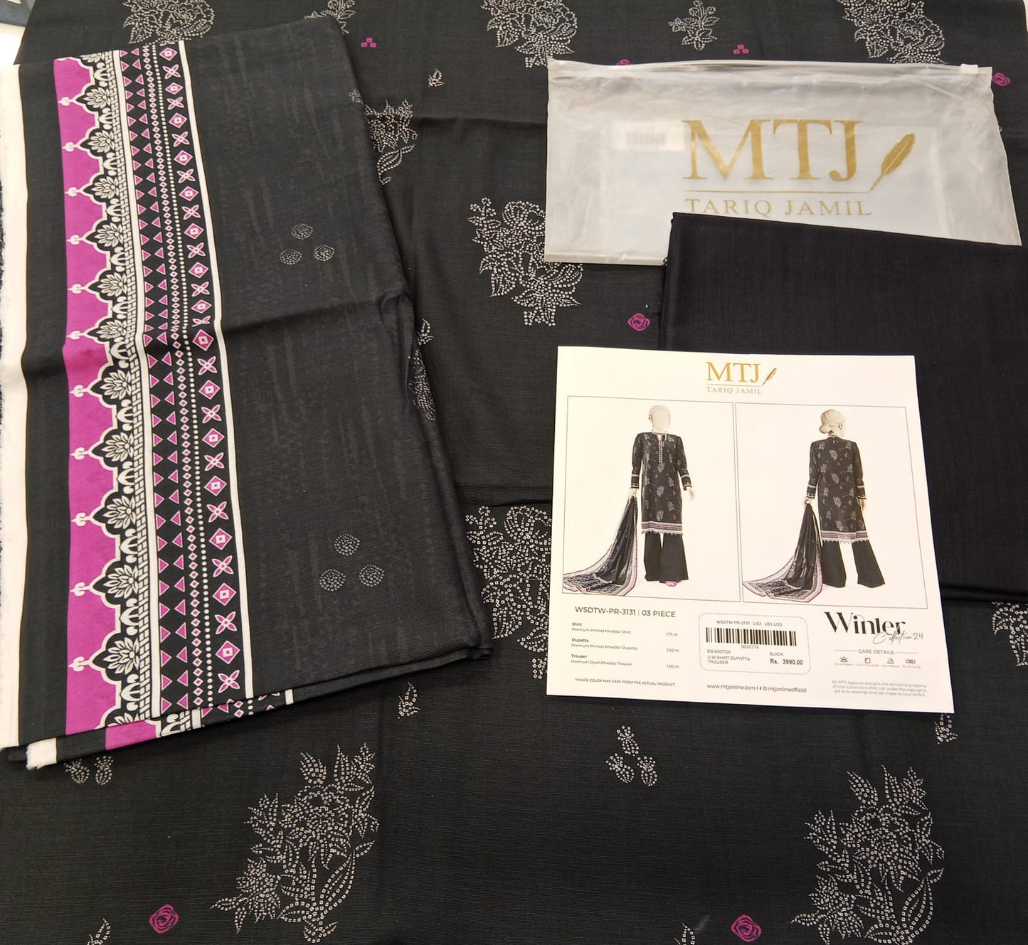 Black | Mtj-Tariq Jamil 3pc Unstitched Khaddar Suit