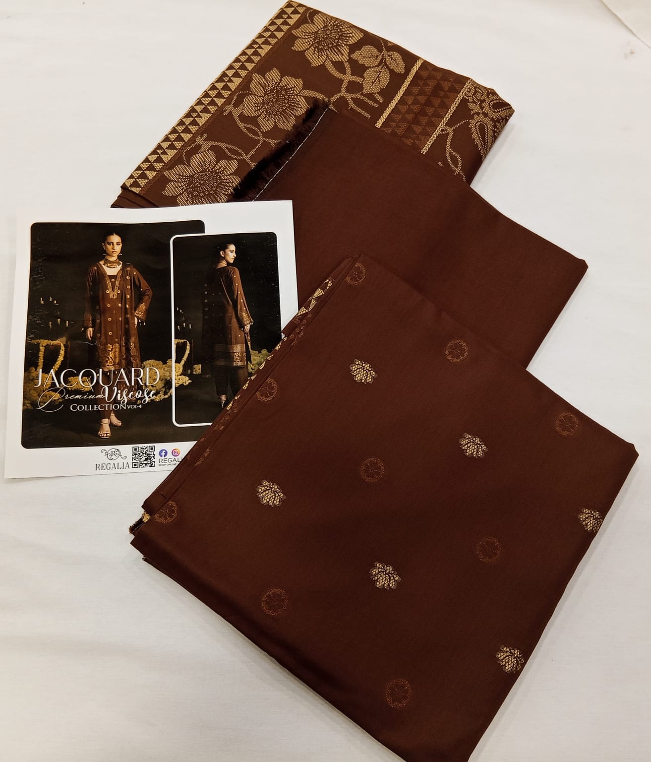 Dark Brown | Regalia 3pc Unstitched Jacquard Viscose