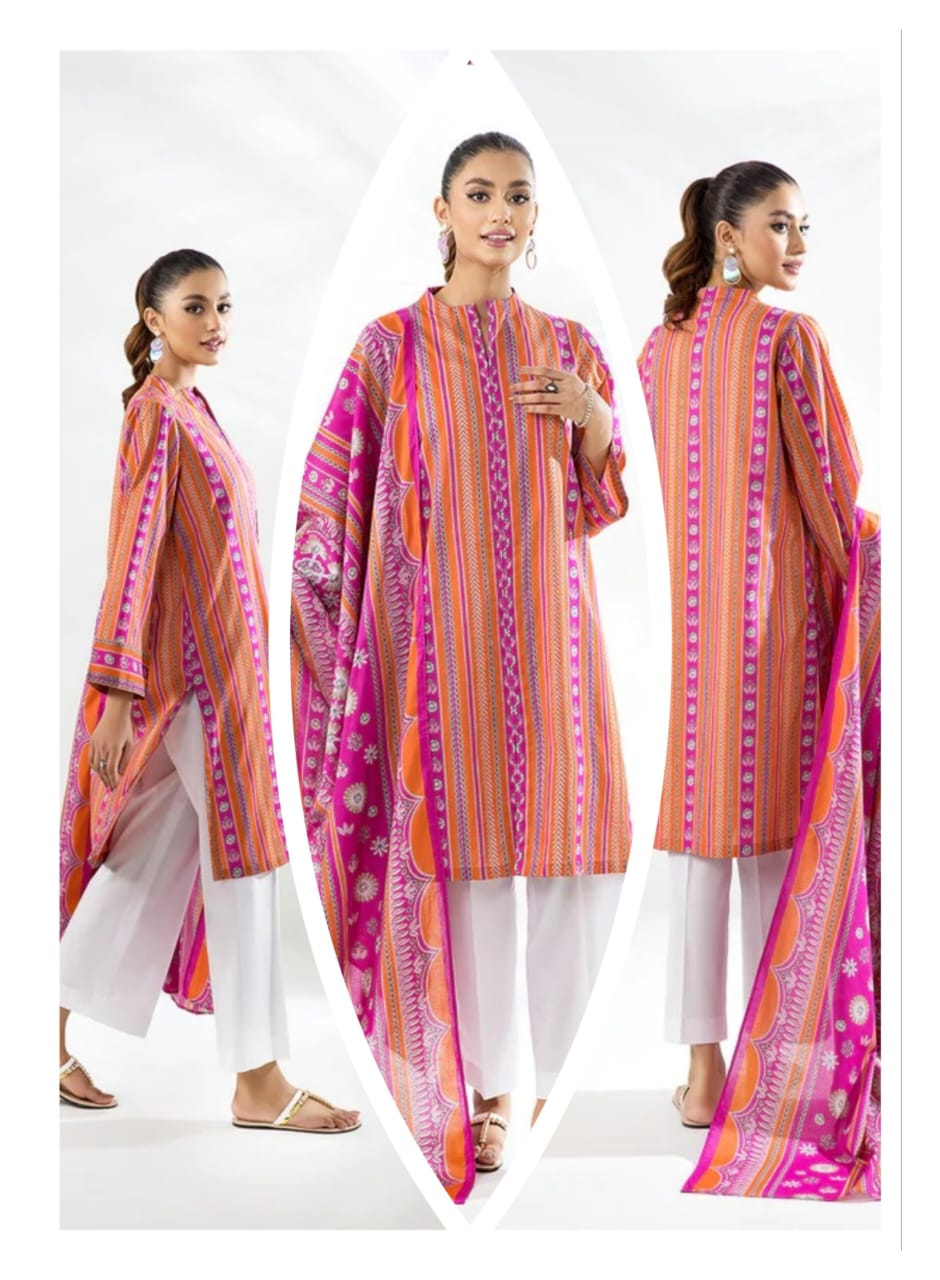 A model wearing the Nishat 3pc Unstitched Doriya Lawn Orange suit