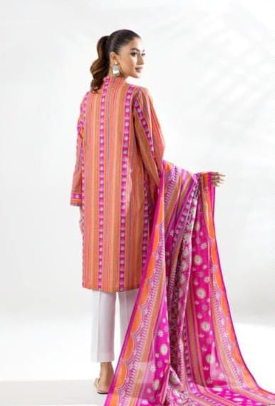 A model wearing the Nishat 3pc Unstitched Doriya Lawn Orange suit