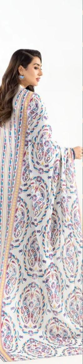 A model wearing the Nishat 3pc Unstitched Doriya Lawn Off White suit