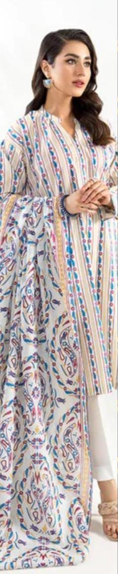 A model wearing the Nishat 3pc Unstitched Doriya Lawn Off White suit