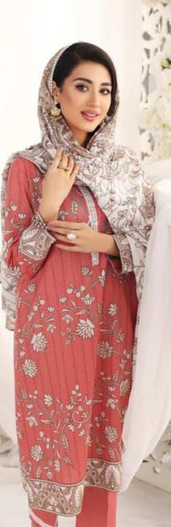 A model wearing the Nishat 3pc Unstitched Doriya Lawn Red suit