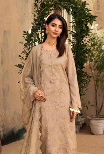 Kaari Noir Luxury Chikankari 3 Piece | Light Brown