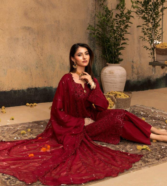 Kaari Noir Luxury Chikankari 3 Piece | Maroon